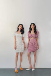 Silk Mini Dress with Puff Sleeves, Twist Bodice and Ruched Skirt Detailing